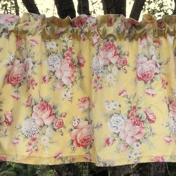 Yellow Rose Valance Romantic Shabby Chic Nostalgic Vintage Floral Roses Cottage Kitchen Bath Farmhouse Window Curtain Topper