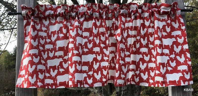 Farm Animal Valance Dairy Cow Rooster Pig Valance Barnyard Animals Valance Chicken Wire Red Farmhouse Country Cotton Valance w64