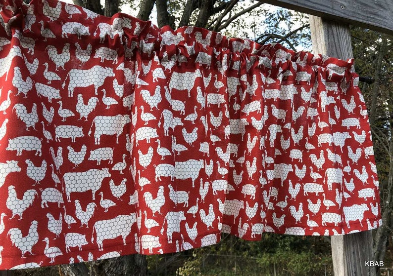 Farm Animal Valance Dairy Cow Rooster Pig Valance Barnyard Animals Valance Chicken Wire Red Farmhouse Country Cotton Valance w64