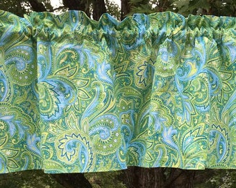 Green Blue Floral Paisley Valance Livingroom Den Kitchen Bath Farmhouse Cotton Curtain Valance