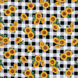 Yellow Sunflowers on Black & White Buffalo Check Cotton Calico Fabric
