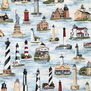 Lighthouse Valance · Named US Lighthouse Map Print · Blue Nautical Curtain ·   Custom Window Treatment  · Coastal Beach House Decor