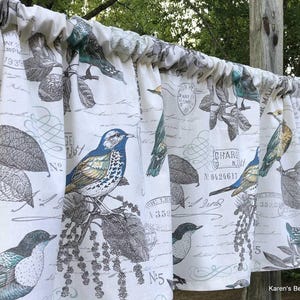 Valance Natural & Turquoise Bird Vintage Classic Lansing Breeze Spring Birds Stamps Farmhouse Kitchen Cotton Duck Curtain Valance