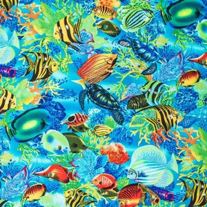 Tropical Fish Fabric Underwater Tropical Fish Aquarium Ocean Under the Sea Life Nautical Coastal Aqua Blue Beach House Cotton Fabric t3/24