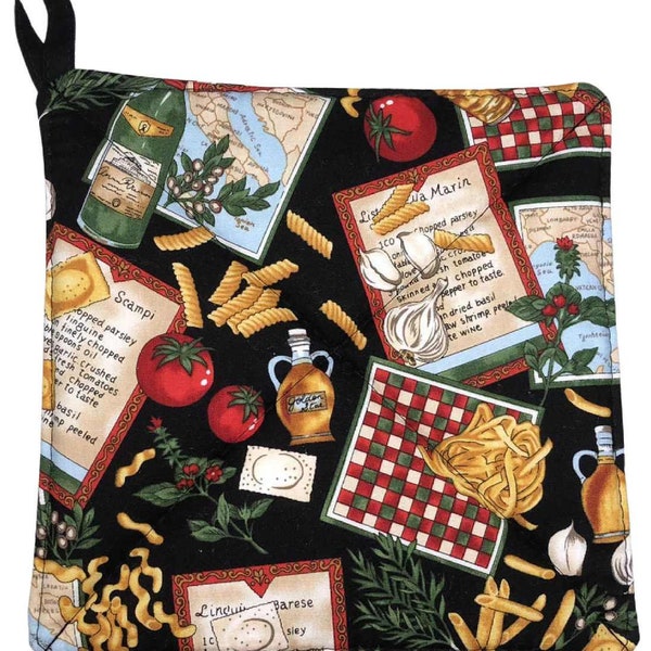 Italian Cuisine Kitchen Pot Holder Italian Cuisine Pasta Noodles Recipes Black Farmhouse Hot Pad Quilted Potholder