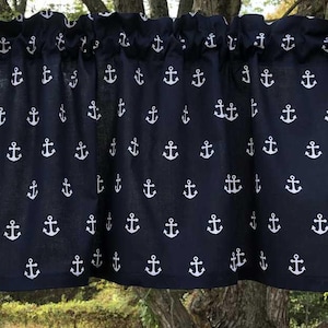 Nautical Anchor Valance - Navy  White Maritime Coastal Curtain Topper