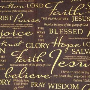 Christlicher Glaube Stoff Braun & Gold Religiöser Stoff Bibel Vers Stoff Jesus Stoff Inspirierender Kirchen Baumwollstoff Massenware HY