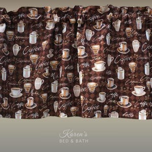 Coffee Cup Valance · Rich Brown Café Latte Espresso Print · Coffee Bar Kitchen Curtain · Mocha Breakfast Nook Dining Room Decor
