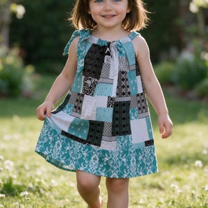 Rose Patch Dress Polka Dot Pillowcase Dress Cherish Rose Teal Aqua Black White Patchwork Sundress Girls Dress Size 2T Ready to Ship