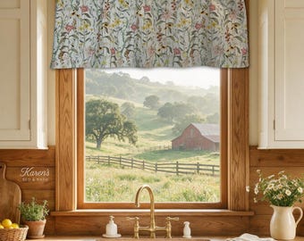 Wildflower Valance Curtains - Shabby Chic Botanical Vintage Floral  Cream - Farmhouse Kitchen Curtains, Cafe Curtain Tier Panel 24 36 Inch