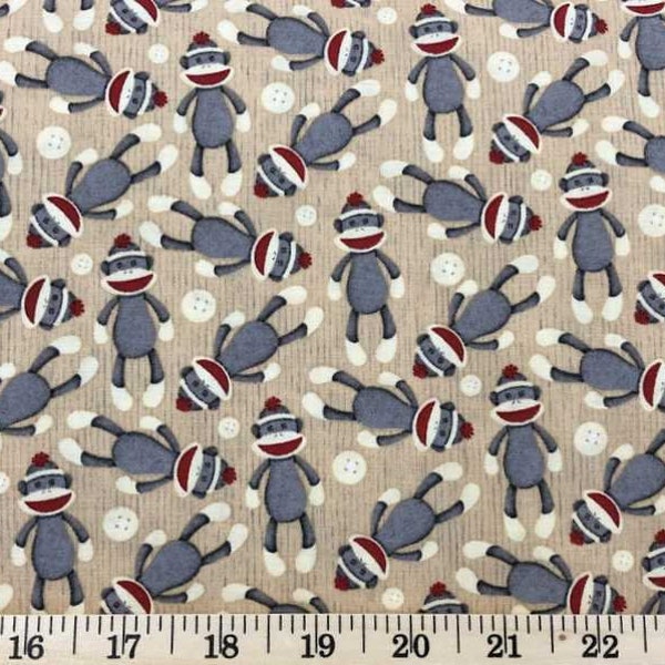 Tissu singe chaussette par mètre / demi-mètre Singes bleu marine et rouge beige Sockmonkey chaussette singes chimpanzé tissu pour vêtements de courtepointe en coton w9/24