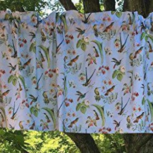 Hummingbird Blue Floral Valance – Garden Flower Window Curtain for Nature Lovers – Wildlife Hummingbird Décor