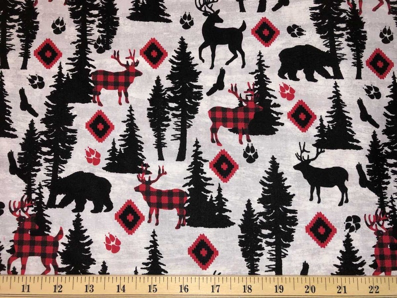 Black Red Animal Fabric Deer Bear Fabric Elk Moose Red Black Etsy