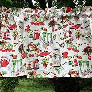 1950s Kitchen Print Valance – Red Teapot, Mixer & Fruit Pattern – Handmade Curtain Topper
