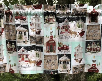 Christmas Holiday Valance Red Truck School House Gazebo Horse Drawn Carriage Sleigh Ride Kitchen Window Curtain Valance