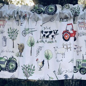 Farm Life Valance Green Red Tractor Cow Pig Chicken White Cotton Duck Window Curtain Topper
