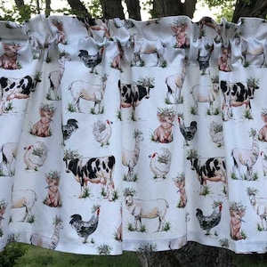 Farm Animal Valance Cow Sheep Llama Pig Rooster Chicken Farmhouse Kitchen Bath Livingroom Den Bedroom Curtain Valance
