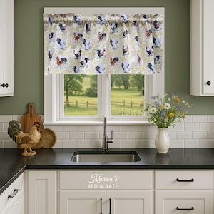Chicken Valance Farm Roosters with Writing Scripts Cream Country Farmhouse Kitchen Curtain Topper