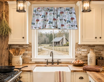 Farm Fresh Market Valance Curtains · Cow Hen Pig Tractor Barn Country Print · Farmhouse Kitchen Curtains, Cafe Curtain Tier Panel 24 36 Inch