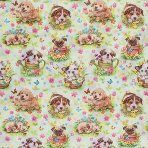 Cute Lovable Puppy Valance, Dogs Playing in Flower Garden Kitchen Curtain