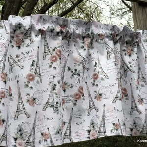 Eiffel Tower Glitter Valance Mauve Pink Roses Antique Script Butterfly Paris Floral Farmhouse Kitchen Window Curtain Topper t2/23