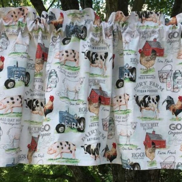 Farm Animal Valance Country Dairy Farm Barn Cow Chicken Rooster Pig Farmhouse Kitchen Window Curtains, Tier Panel, Pillow Cover &/OR Drapes