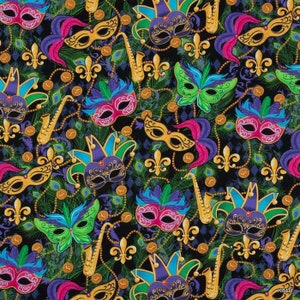 Mardi Gras Fabric Masquerade Masks Carnival Celebration Fabric Feathers Beads Apparel Quilting Cotton Fabric By the Yard, Fat Quarter