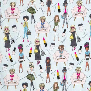 Fashion Girls Fabric – Beauty Salon Makeup Print – Cute Cartoon Girly Sewing Material – Boss Girl Quilting Cotton by the Yard immagine 1