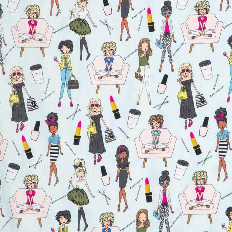 Fashion Girls Fabric – Beauty Salon Makeup Print – Cute Cartoon Girly Sewing Material – Boss Girl Quilting Cotton by the Yard immagine 1
