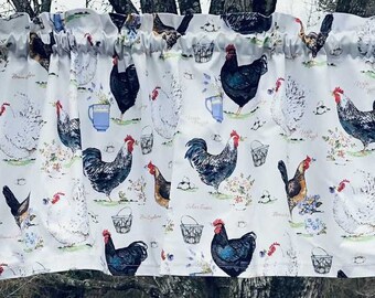 Farm Chicken Rooster Valance Floral Tea Cups on Cream White Farmhouse Kitchen Window Curtain Topper t4/13