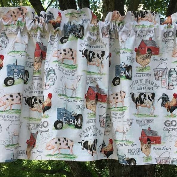 Dairy Farm Valance Barnyard Animals Tractor Barn Cow Pig Chicken Rooster Sheep Country Farmhouse Window Curtain Topper t4/17