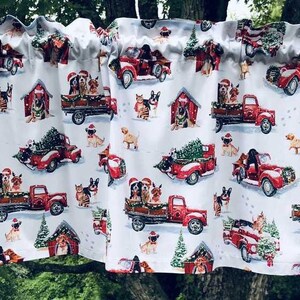 Christmas Dog Valance Curtains · Santa Hat Dog Red Truck Print · Dog Lover Holiday Kitchen Curtain · Festive Dining Room Cottage Decor image 4