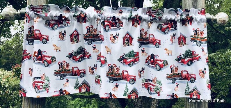 Christmas Dog Valance Curtains · Santa Hat Dog Red Truck Print · Dog Lover Holiday Kitchen Curtain · Festive Dining Room Cottage Decor image 4