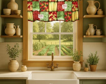 Farmers Market Valance Curtains · Corn Strawberry Pepper Produce Basket Print · Farm Fresh Kitchen Curtain · Window Treatment