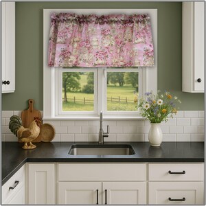 Pink Roses Valance: Shabby Chic Floral Cotton Window Curtain Topper - Home Decor Accents - Curtains