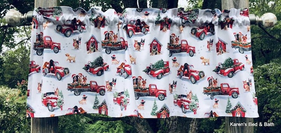 Christmas Dog Valance · Santa Hat Dog Red Truck Print · Dog Lover Holiday Kitchen Curtain · Festive Dining Room Cottage Decor