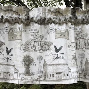Dairy Farm Valance Rooster Farmer Produce Country Store Farm Fresh Milk Farmhouse Kitchen Bath Livingroom Curtain Valance