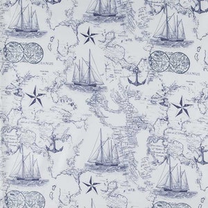 Tela con mapa náutico, tela con mapa del mar, tela con mapa del mundo y ancla de barco, tela con mapa del océano azul marino sobre tela de algodón blanca t9/2