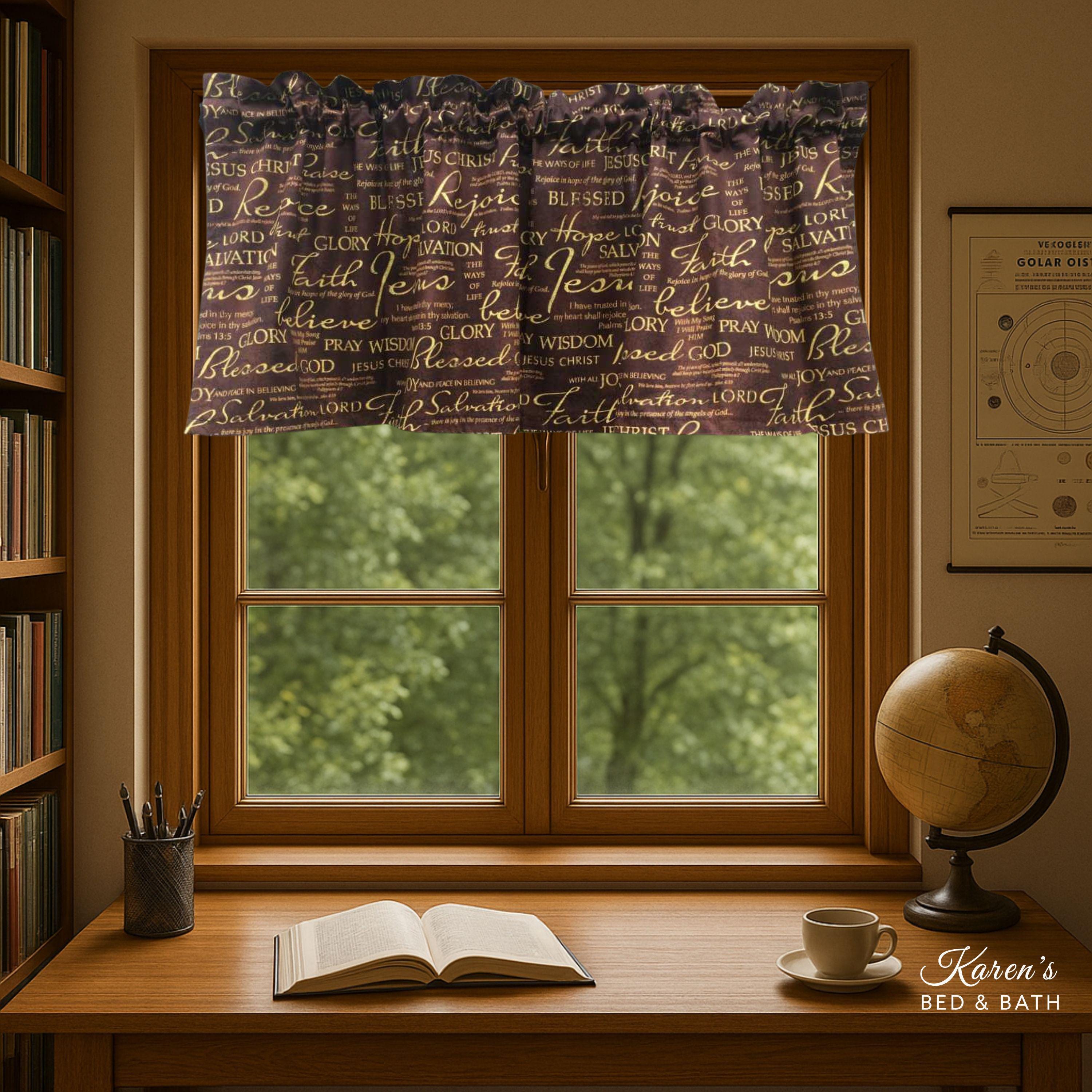 Christian Kitchen Valance - Bible Verses Church Faith Hope Brown Farmhouse Country Curtain
