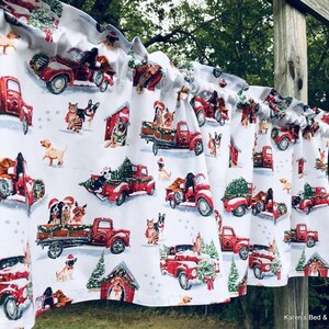 Christmas Dog Valance Curtains · Santa Hat Dog Red Truck Print · Dog Lover Holiday Kitchen Curtain · Festive Dining Room Cottage Decor image 7