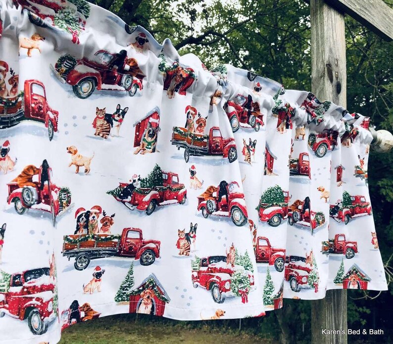 Christmas Dog Valance Curtains · Santa Hat Dog Red Truck Print · Dog Lover Holiday Kitchen Curtain · Festive Dining Room Cottage Decor image 7