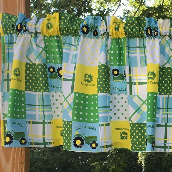 Farmhouse Valance Sewn From John Deere Little Farmer Farm Tractor Green Yellow Blue Madras Patchwork Dots Patch Cotton Fabric