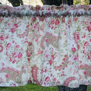 Shabby Chic Pink Rose Paisley Valance Spring Cottage Pink Roses Flowers Floral Farmhouse Kitchen Curtain Topper