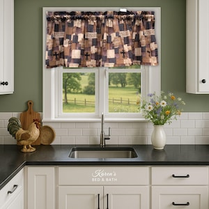 Kitchen Valance - Patchwork Cross & Deer Rustic - Farmhouse Country Curtain