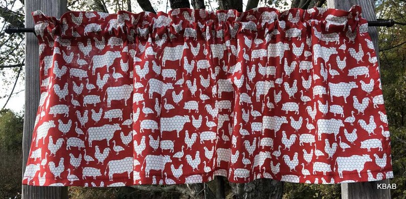 Farm Animal Valance Dairy Cow Rooster Pig Valance Barnyard Animals Valance Chicken Wire Red Farmhouse Country Cotton Valance w64