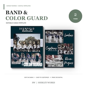 May include: A two-page digital template for a band and color guard program. The design features dark blue backgrounds, white text, and photo collages of marching band members with instruments. Text includes Deerfield Bobcats, 2022-2023, Leaders, Captains & Drum Majors.