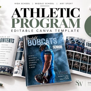 May include: An athletic programme template featuring 46 pages for high school and middle school sports. The cover displays a football player in blue uniform with the text Deerfield Bobcats Senior Edition. Includes a table of contents and varsity football pages.