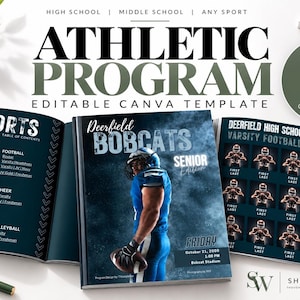 May include: An editable 46-page athletic programme Canva template featuring a table of contents, a Deerfield Bobcats senior edition cover with a football player, and a Deerfield High School varsity football roster page for 2024-2025.