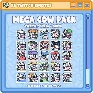 Könnte beinhalten: Eine Sammlung von 25 Twitch-Emotes mit Cartoon-Kühen mit verschiedenen Ausdrücken. Die Emotes enthalten Text wie "HYPE", "LURK" und "FAIL". Das "MEGA COW PACK" wird in den Größen 112x112, 56x56 und 28x28 angezeigt.