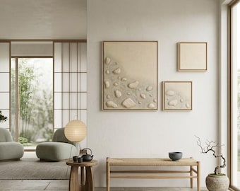 Decorazioni murali Japandi con texture, realizzate a mano in stile Wabi Sabi (40 x 50 cm, 20 x 20 cm x2)